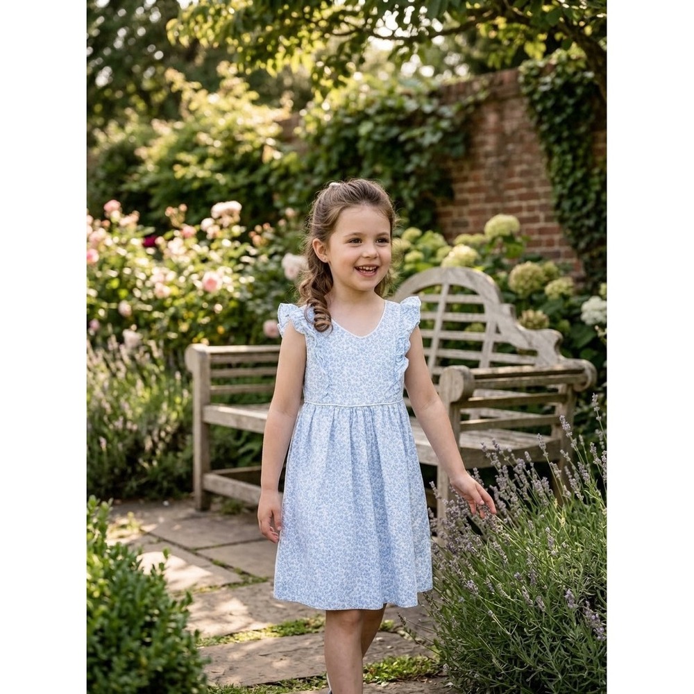 Hope & Henry Girls Blue White Floral Dress Flutter Sleeve Linen Cotton Size 4T